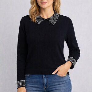 LIV Milano Black Rhinestone Studded Collar Long Sleeve Top Women’s Size M